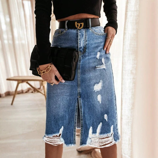 Damen Taillenhoher Destroyed-Denim Midirock mit mittigem Frontschlitz und ausgefranstem Saum Shop Nory