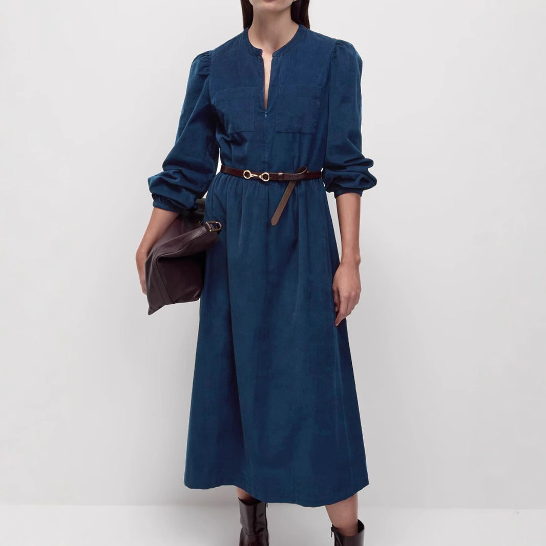 Damen Langes Cordkleid mit geraffter Taillennaht, Brusttaschen und kurzem Reißverschluss Shop Nory