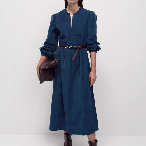 Damen Langes Cordkleid mit geraffter Taillennaht, Brusttaschen und kurzem Reißverschluss Shop Nory