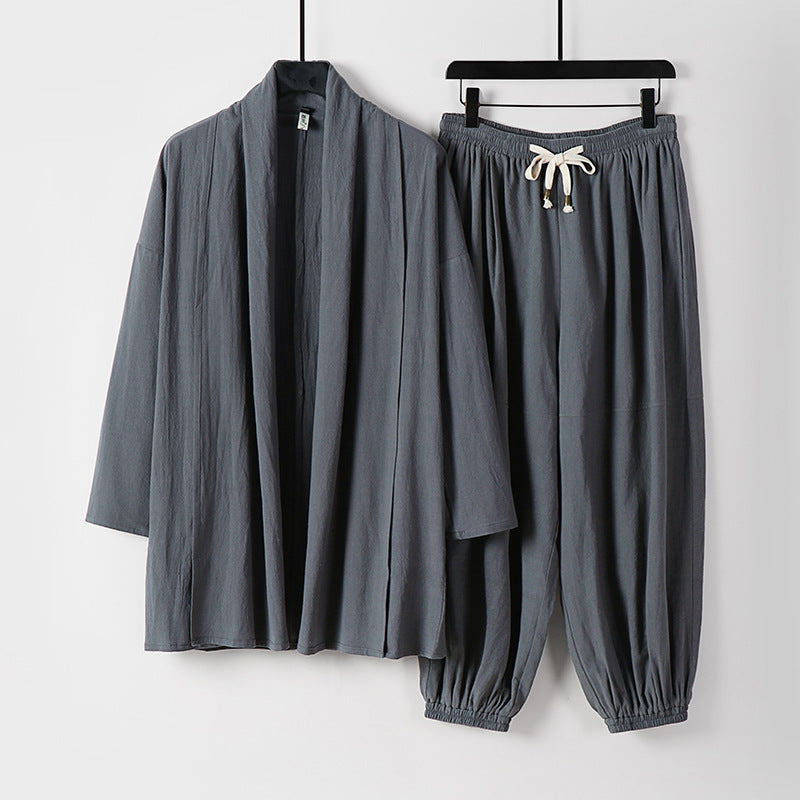 Unisex Entspanntes Kimono-Zweiteiler aus Baumwollmusselin mit Schalkragenjacke und geraffter Knöchelhose Shop Nory