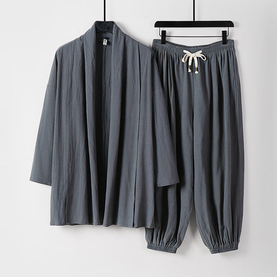 Unisex Entspanntes Kimono-Zweiteiler aus Baumwollmusselin mit Schalkragenjacke und geraffter Knöchelhose Shop Nory