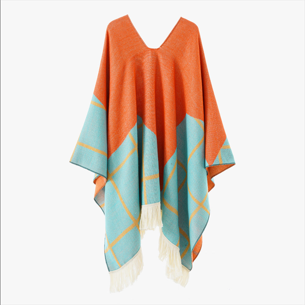 Damen Ornamentaler Jacquard‑Poncho mit V‑Ausschnitt und Fransensaum Shop Nory
