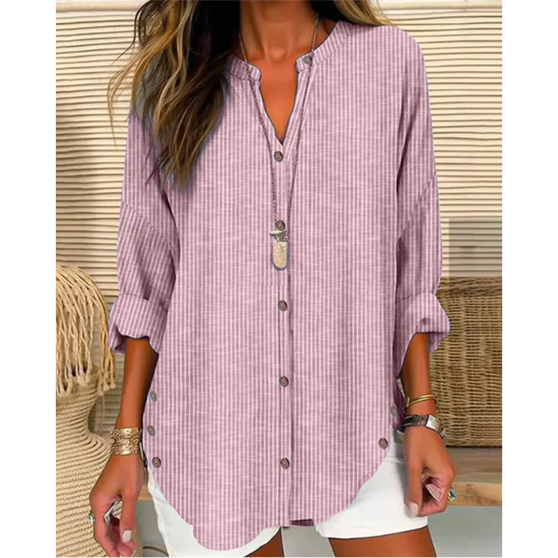 Damen Langarm Blusenshirt mit Knopfleiste und asymmetrischem Saum