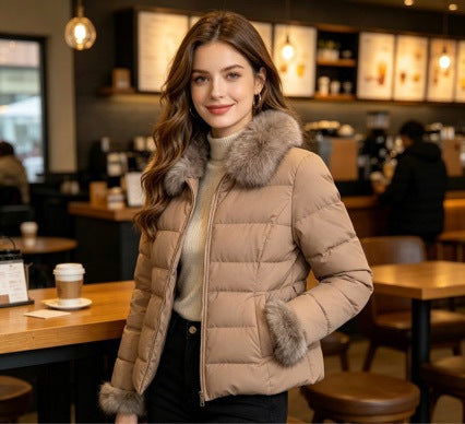 Damen nan kurze taillierte Wintersteppjacke mit abnehmbarem Webpelzkragen, tonalen Taillenriegeln und verdecktem zweiwege-reißverschluss Shop Nory