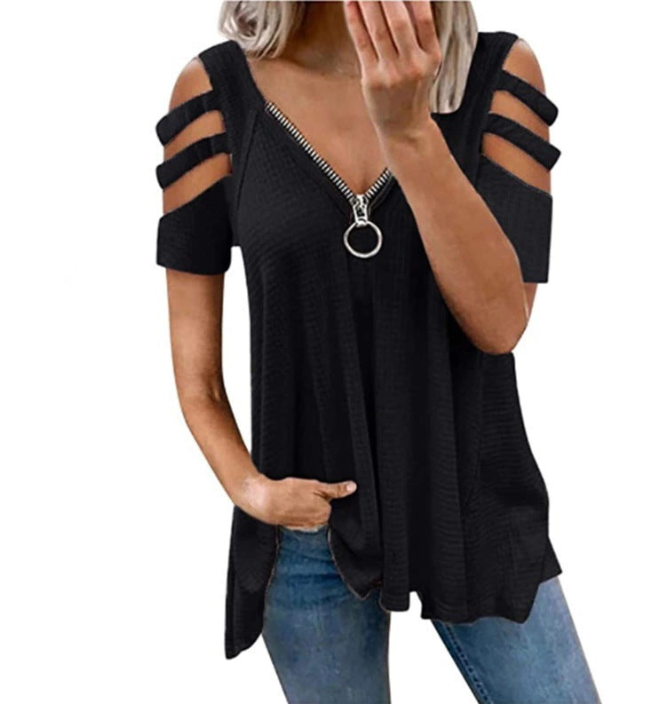 Damen lässiges Oberteil mit modischen Cut-Out-Details und Reißverschluss Shopnory
