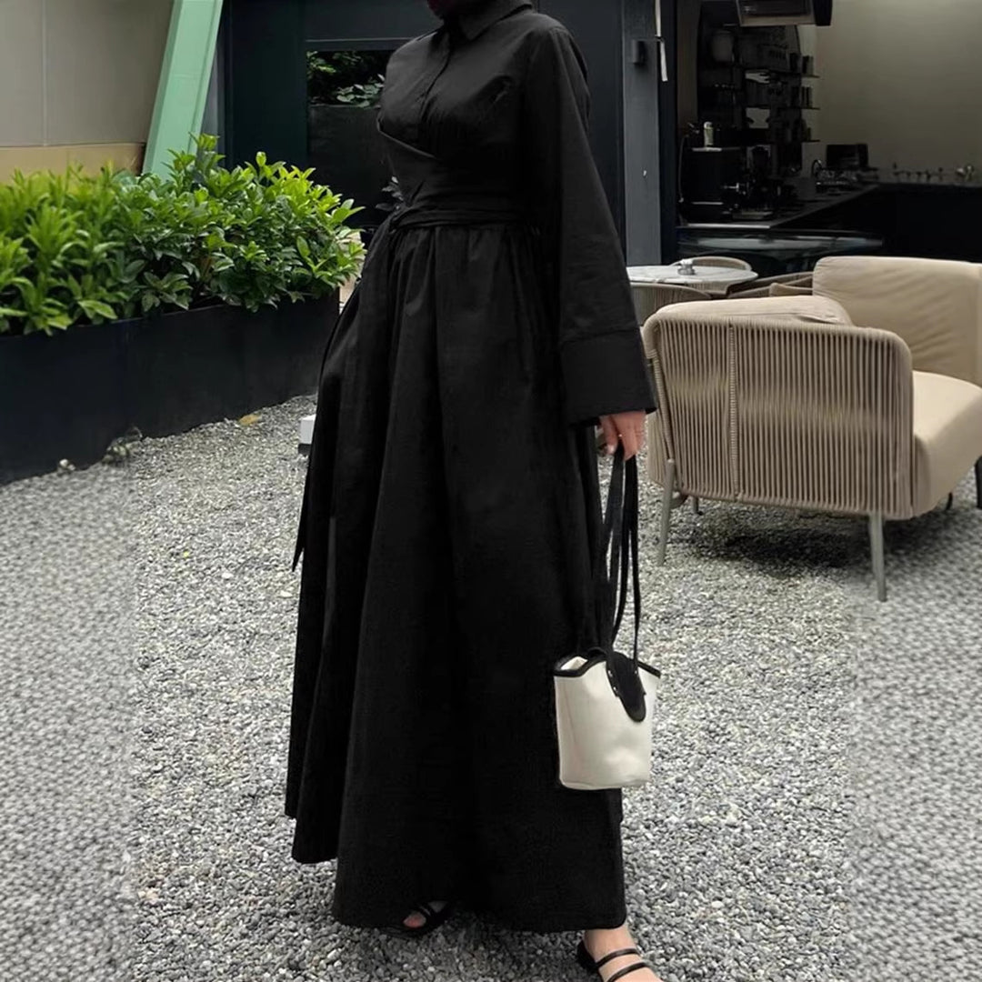 Damen Maxikleid im Hemdblusenstil mit Taillenwickel, weitem Tellerrock und breiten Manschetten Shop Nory