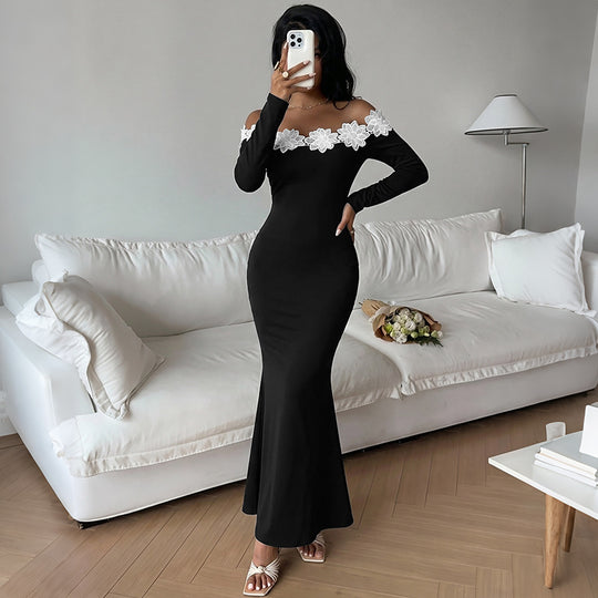 Damen Schulterfreies Maxikleid mit Carmen‑Ausschnitt, figurbetonter Silhouette und Spitzenblütenbesatz Shop Nory