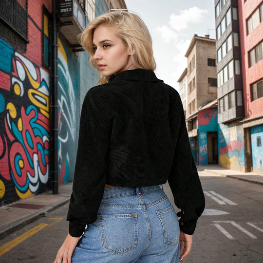 Damen kurze taillierte Cordjacke mit Brusttaschen und Druckknopfleiste Shop Nory
