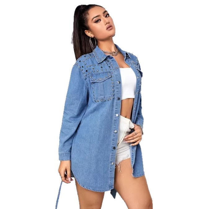 Damen Nietenbesetztes Denim‑Hemdkleid mit Taillengürtel Shop Nory