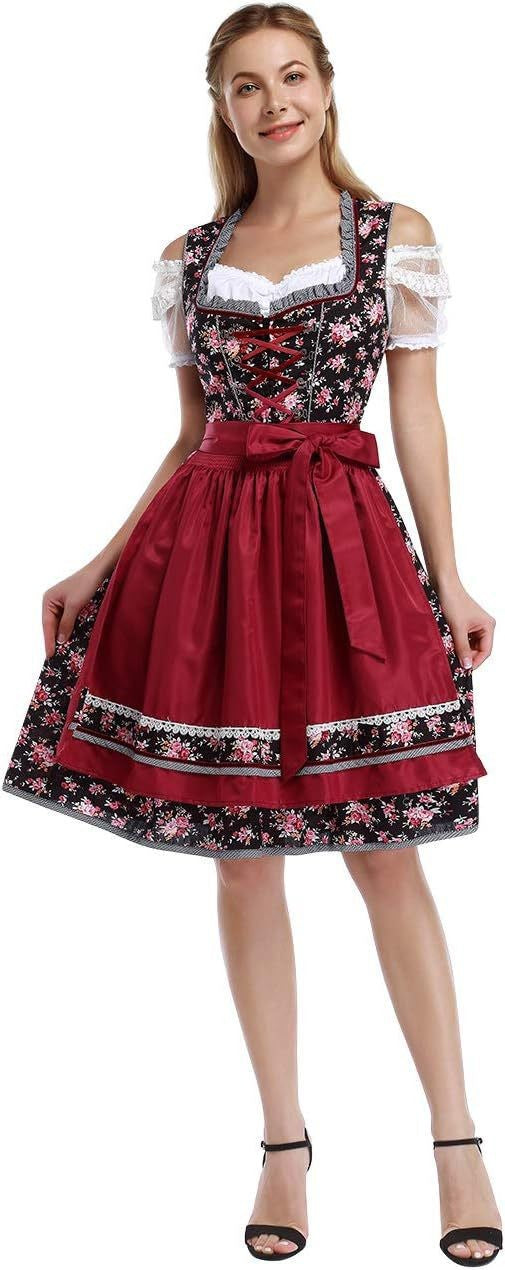 Damen nan traditionelles Dirndlkleid mit Schnürung, floraler Baumwollqualität und Schleifen-Schürze Shop Nory