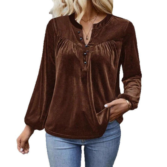 Damen Samtbluse mit Knopf‑Henley, geraffter Brustpasse und lockerer Passform Shop Nory