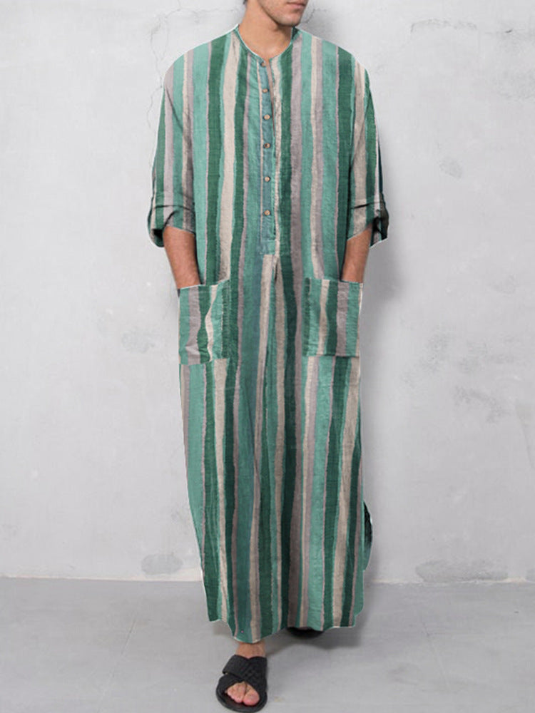 Herren nan lockerer Kaftan aus Leinenmischung mit Knopfleiste und aufgesetzten Taschen