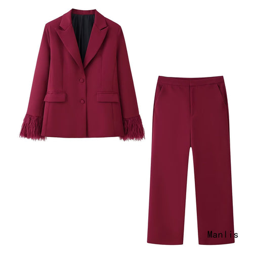 Damen Zweiteiliges Anzugset mit Federbesatz an Ärmeln und weiter Marlenehose Shop Nory