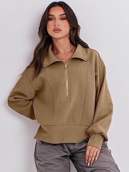 Damen Halb-Zip Kragen Entspannt Sweatshirt Pullover mit Rippbund und -manschetten Shop Nory