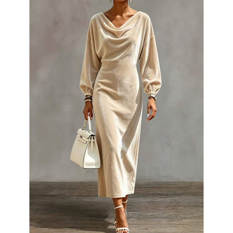 Damen Midikleid aus Samt mit drapiertem Wasserfallkragen und Ballonärmeln Shop Nory