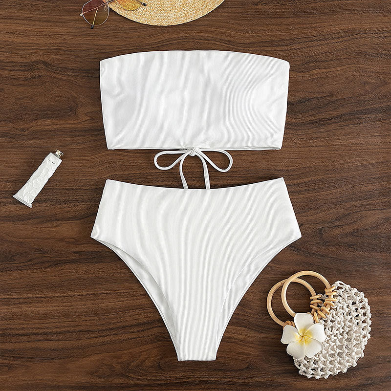 Damen Bandeau-Bikini mit hohem Bund und Rippdesign