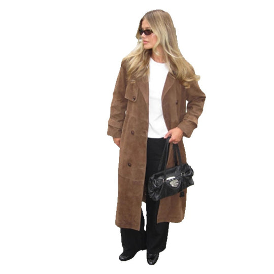 Damen Langer Wildleder‑Trenchcoat mit doppelreihiger Knopfleiste Shop Nory
