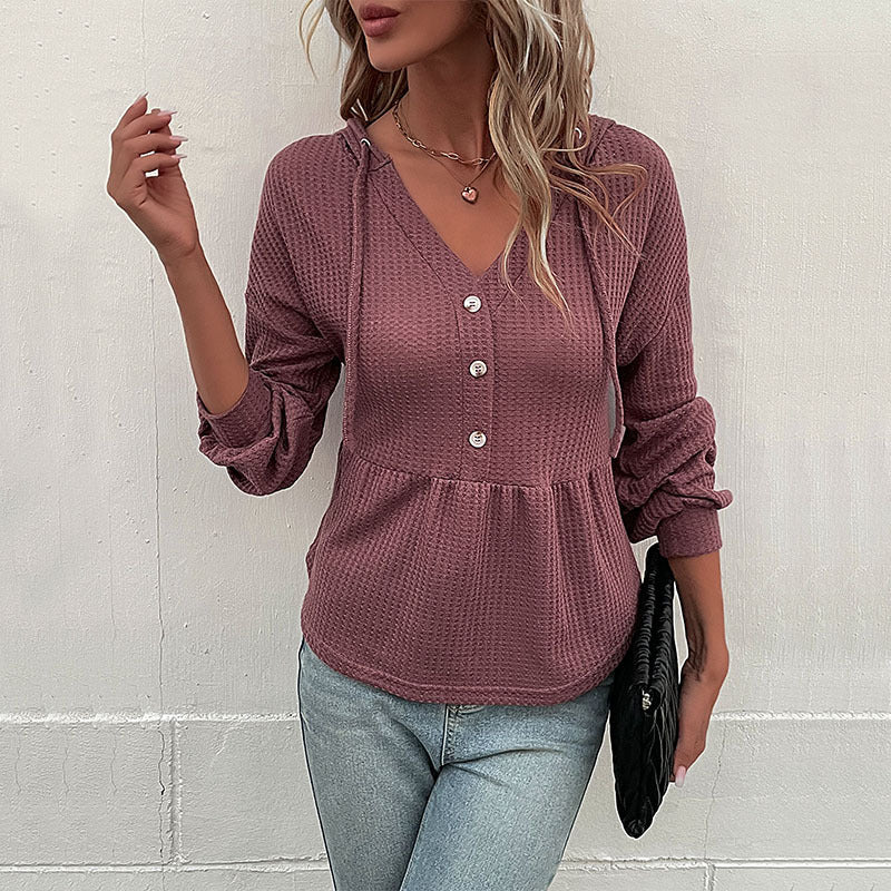 Damen Waffelstrick-Hoodie-Bluse mit V-Ausschnitt, Knopfleiste und geraffter Taillenpasse Shop Nory