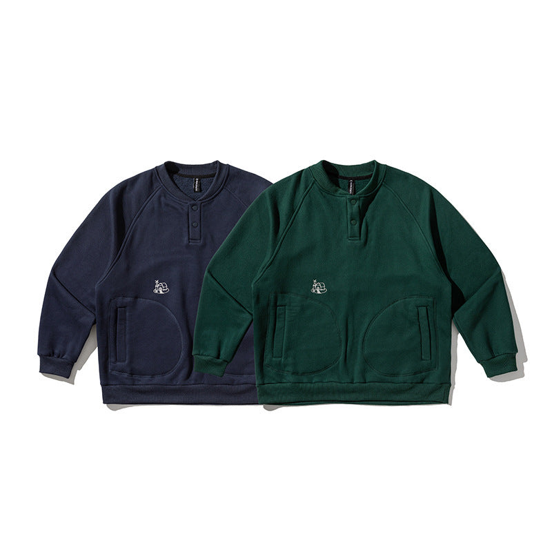 Herren Oversize-Sweatshirt mit Henley-Knopfleiste, Raglanärmeln und runden Fronttaschen Shop Nory