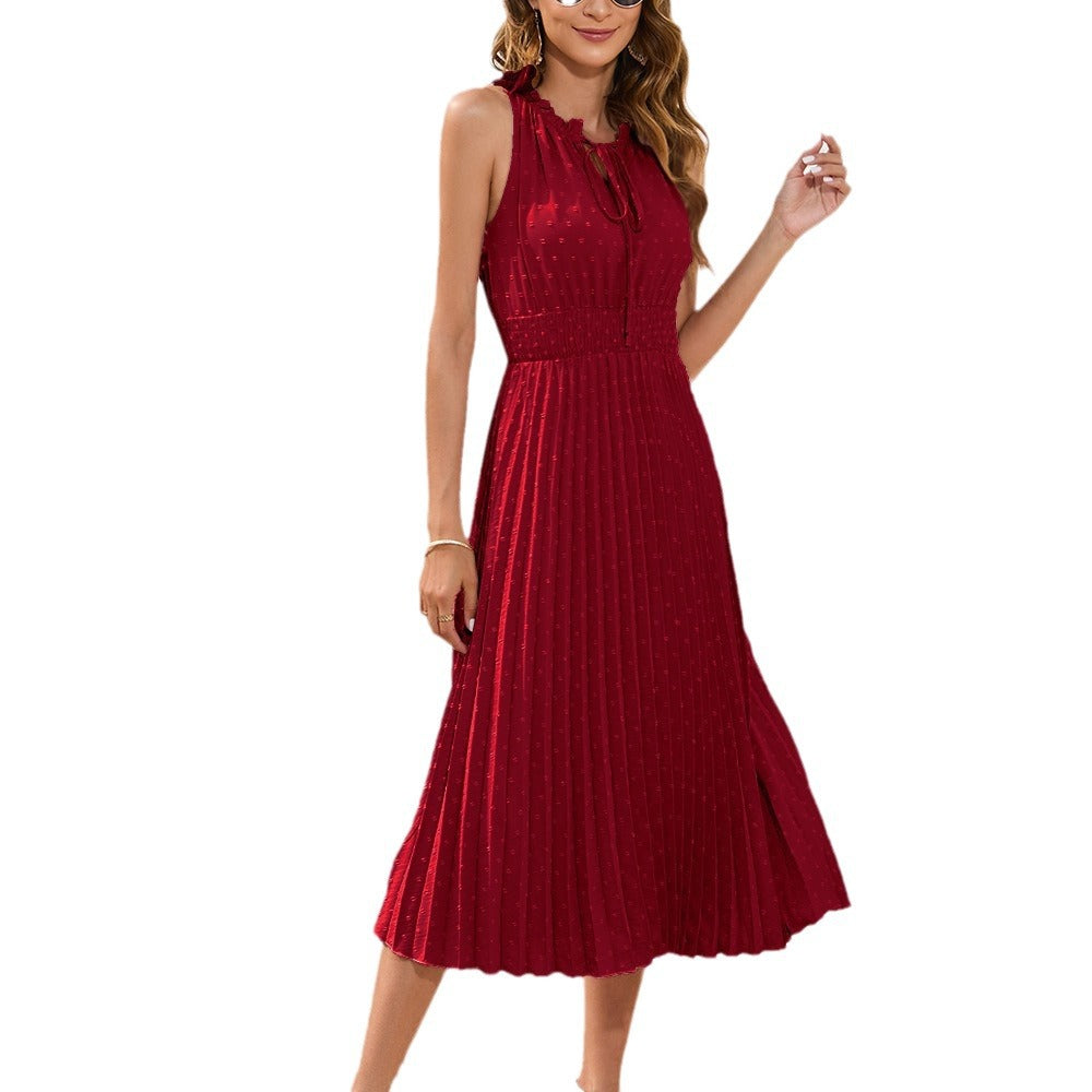 Damen Plissiertes Midikleid mit elegantem Schlitz und verstellbarem Kragen Shopnory