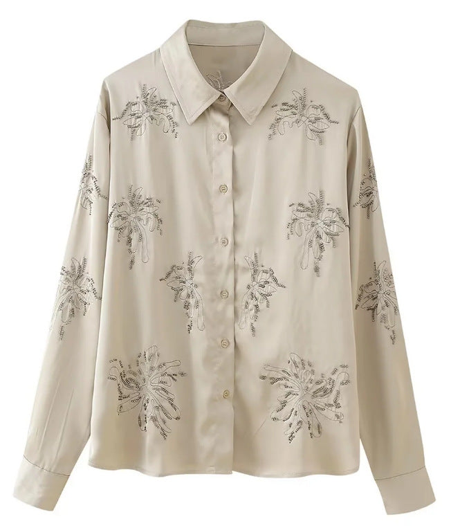 Damen bestickte Seidenoptik-Bluse mit funkelnden Kristallapplikationen und Hemdkragen Shop Nory