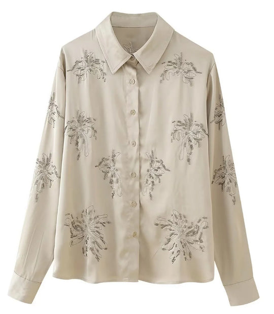 Damen bestickte Seidenoptik-Bluse mit funkelnden Kristallapplikationen und Hemdkragen Shop Nory