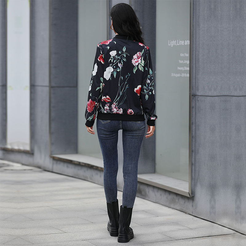 Damen Blumen-Bomberjacke mit Reißverschluss, Rippbündchen und Eingrifftaschen Shop Nory