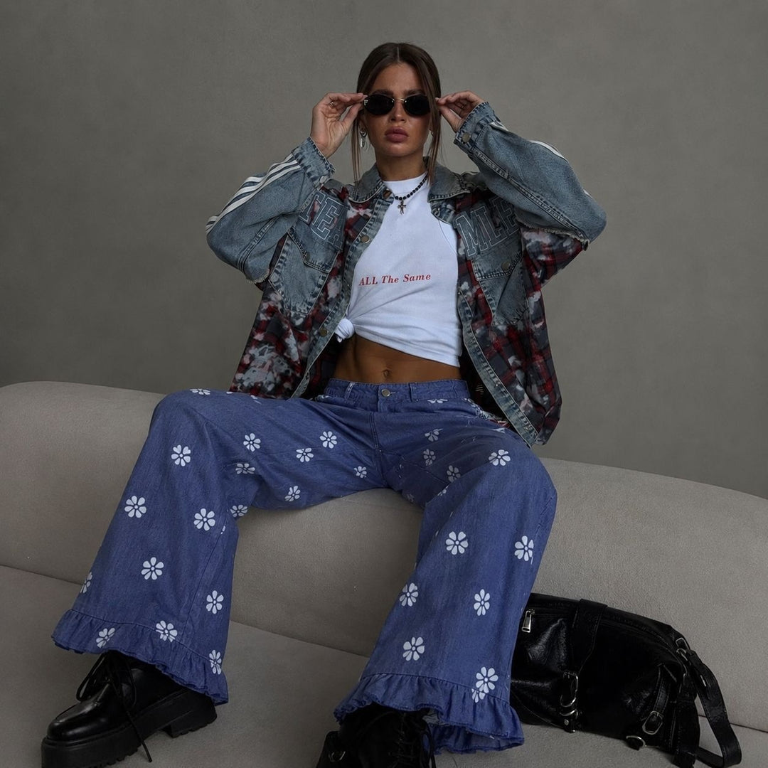 Damen weite Denimhose mit Gänseblümchen-Print, hohem Bund und Rüschenabschluss Shop Nory