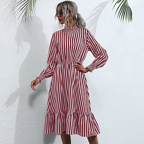 Damen Langärmeliges Streifenkleid mit Volant Shop Nory