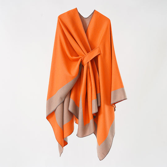 Damen Weicher Strickponcho mit Gürtel und Kontrastkante Shop Nory
