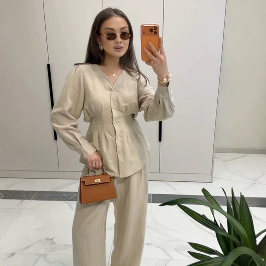 Damen V-Ausschnitt Blusen- und Culotte-Set mit Taillenfalten und weiten Beinen Shop Nory