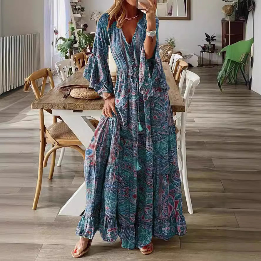 Damen Boho-Maxikleid mit Paisley‑Print, V‑Ausschnitt, Volantärmeln und Taillen‑Bindegürtel Shop Nory