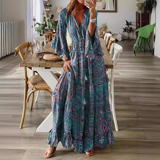 Damen Boho-Maxikleid mit Paisley‑Print, V‑Ausschnitt, Volantärmeln und Taillen‑Bindegürtel Shop Nory