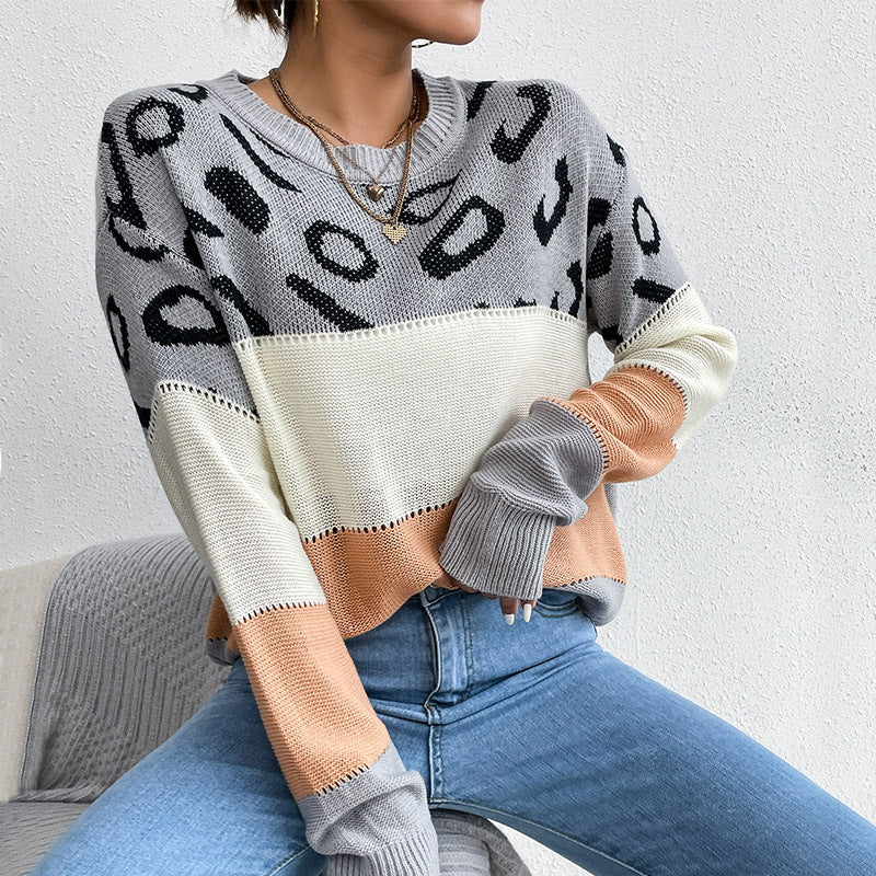 Damen Strickpullover mit Leopardenmuster und Blockstreifen Shop Nory
