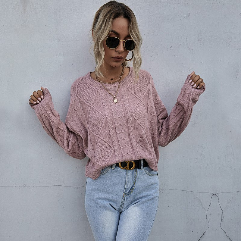 Damen Lässiger Oversize-Strickpullover mit geometrischem Zopfmuster und tiefen Ärmelabschlüssen Shop Nory