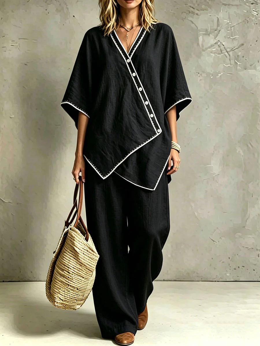 Damen Asymmetrisches Tunika-Loungewear-Set mit diagonaler Knopfleiste und weiter Palazzohose Shop Nory