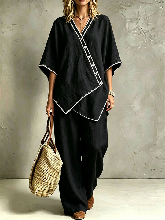 Damen Asymmetrisches Tunika-Loungewear-Set mit diagonaler Knopfleiste und weiter Palazzohose Shop Nory