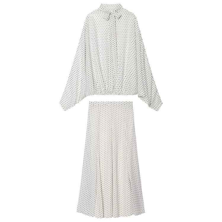 Damen Zweiteiliges Set aus leichtem Chiffon mit weitem Midirock und Ballonärmel-Bluse mit Schleifenkragen Shop Nory