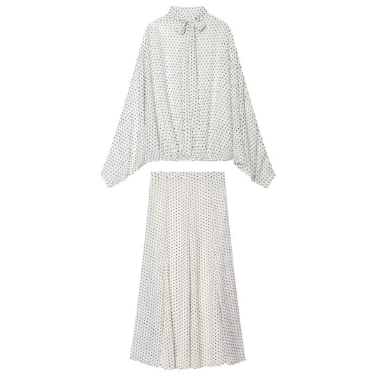Damen Zweiteiliges Set aus leichtem Chiffon mit weitem Midirock und Ballonärmel-Bluse mit Schleifenkragen Shop Nory