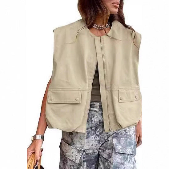 Damen Ärmellose utilitaristische Weste mit Reißverschluss und Pattentaschen Shop Nory