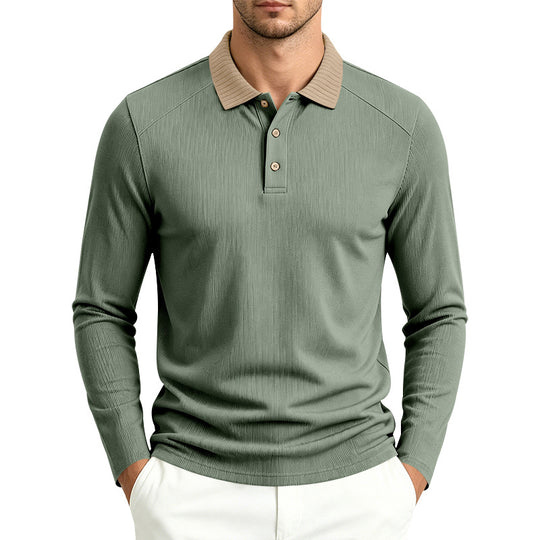 Herren Langarm-Poloshirt mit gerippter Kontrastkragen und feiner Waffelstruktur Shop Nory