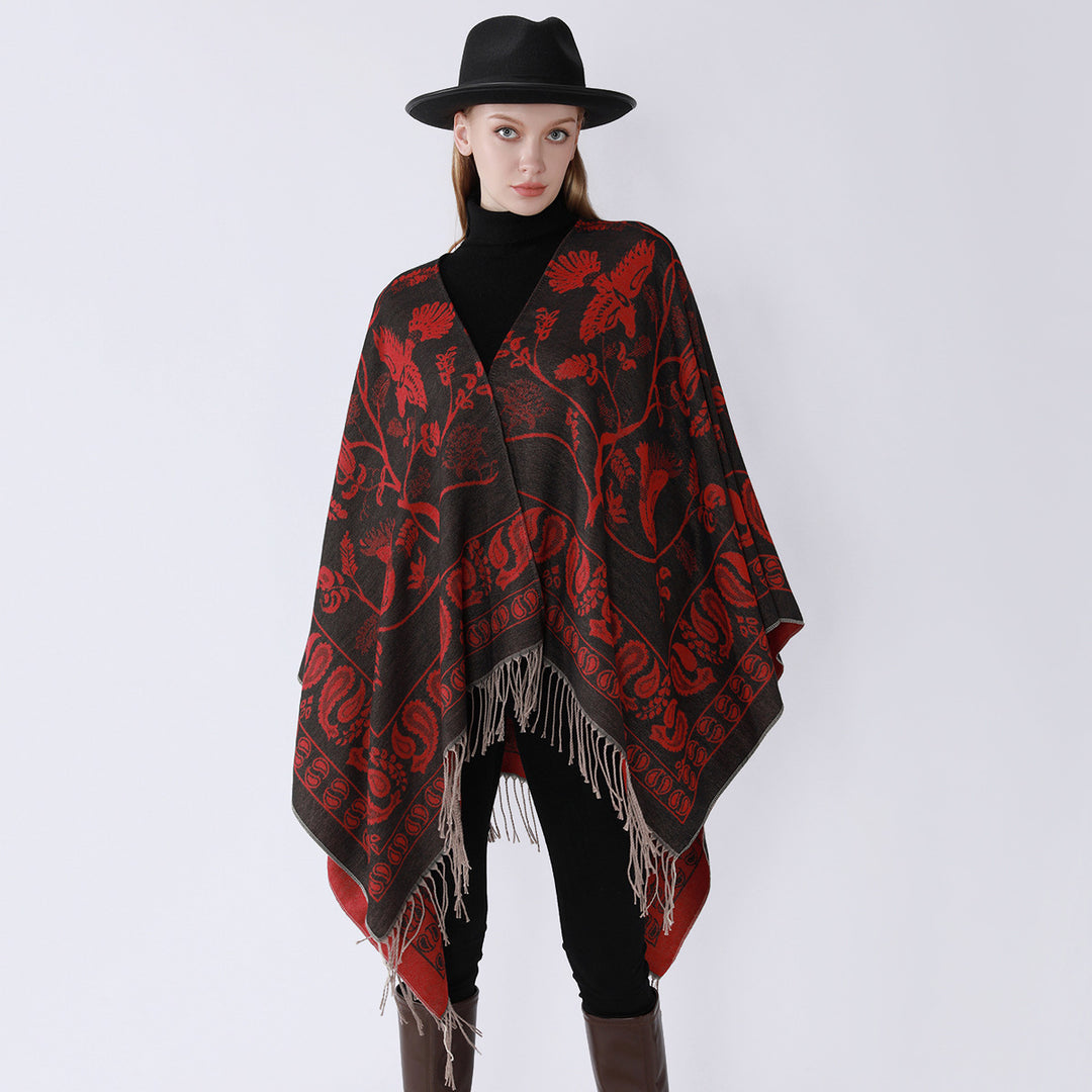 Damen Jacquard-Poncho im Oversize-Kaftan mit floraler und Vogelornamentik Shop Nory