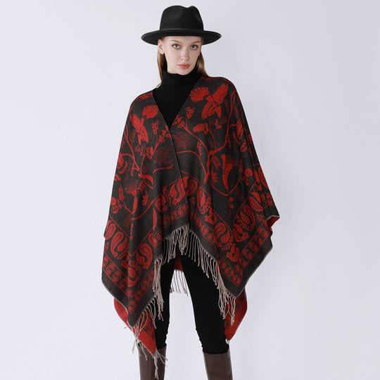 Damen Jacquard-Poncho im Oversize-Kaftan mit floraler und Vogelornamentik Shop Nory
