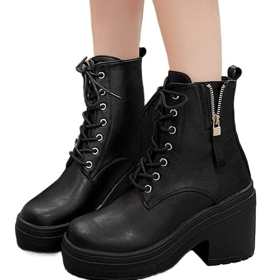 Damen Modische Plateau-Stiefel mit schnürbarer Konstruktion und robustem Profil Shopnory