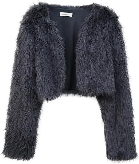 Damen Kurze glamouröse Kunstfelljacke mit lockeren Ärmeln