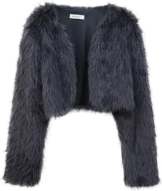 Damen Kurze glamouröse Kunstfelljacke mit lockeren Ärmeln
