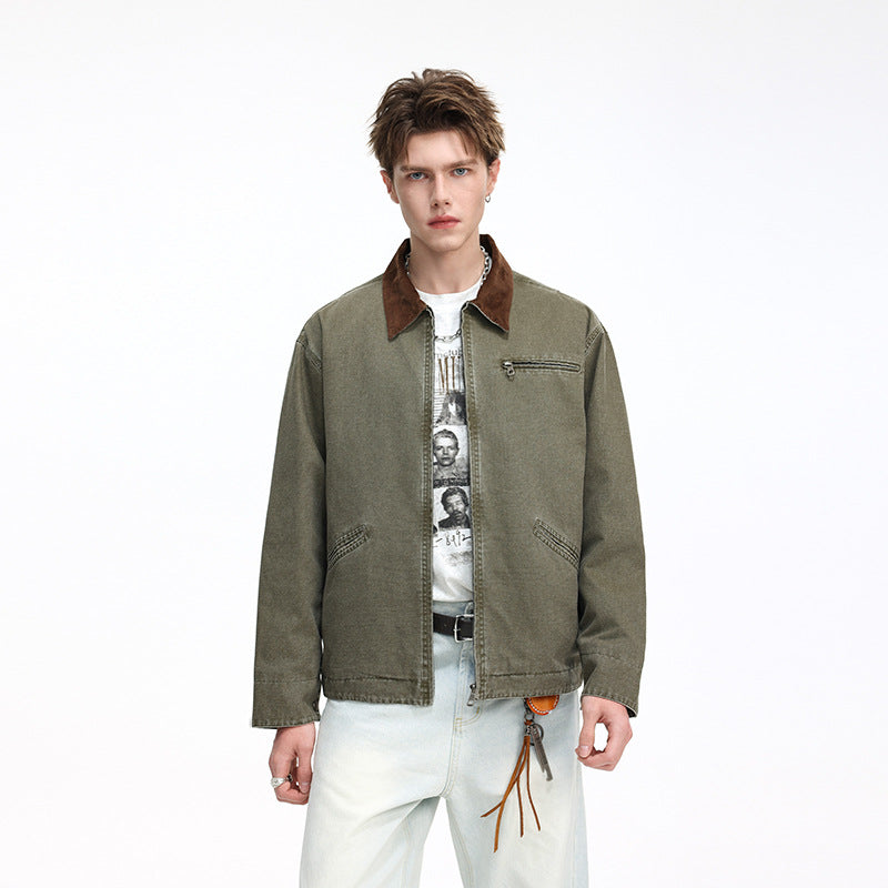 Herren Freizeitjacke aus gewaschenem Baumwollcanvas mit Cordkragen und Reißverschluss-Tasche Shop Nory
