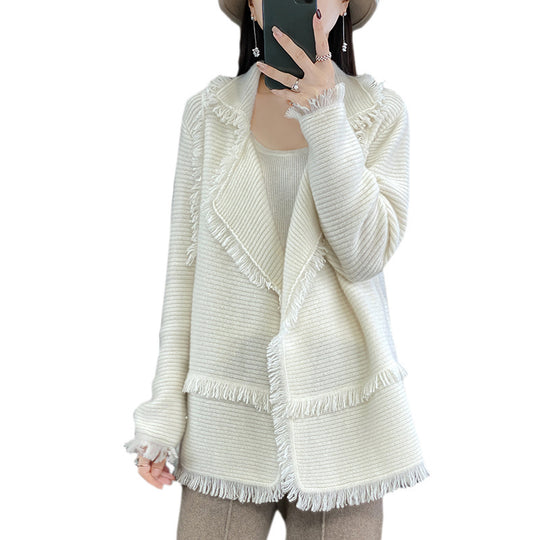 Damen Langer Fransen‑Strickcardigan mit großem Schalkragen und feiner Rippenstruktur Shop Nory