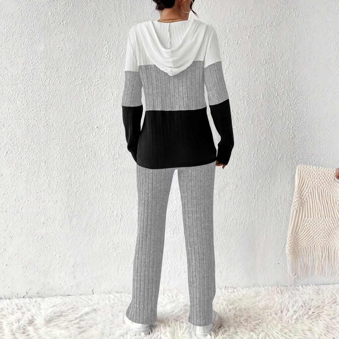 Damen Geripptes Lounge-Set mit Kapuzen-Halfzip und weitem Palazzo-Strickhose Shop Nory