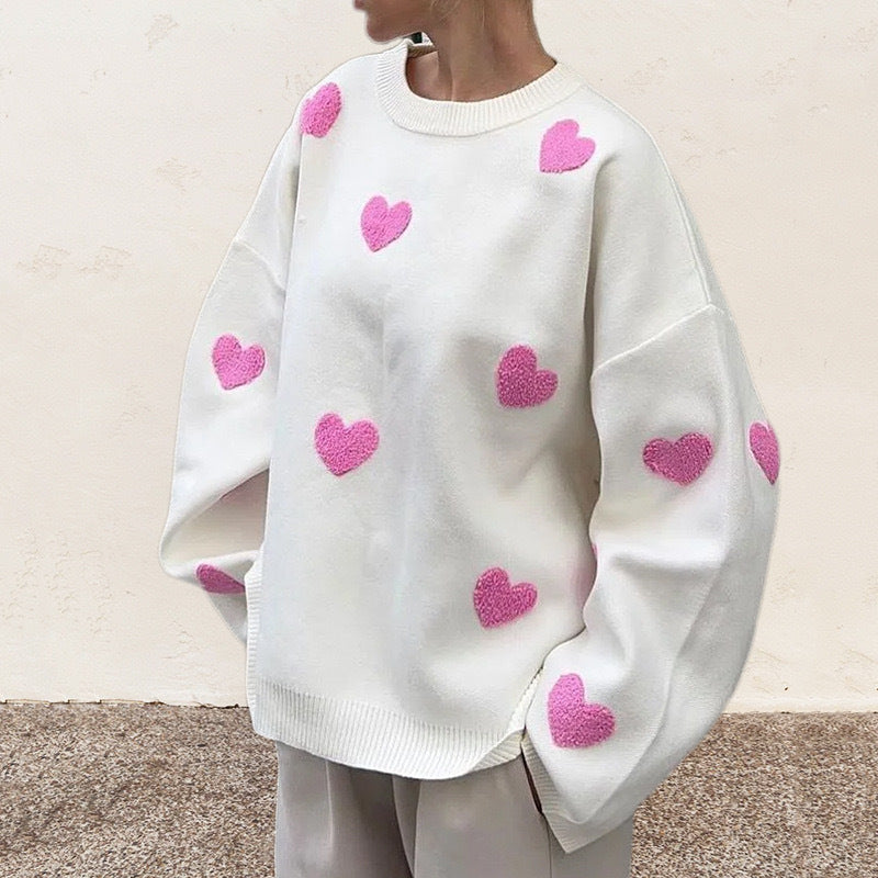 Damen Oversize-Feinstrickpullover mit Allover-Herzintarsien und überschnittenen Schultern Shop Nory